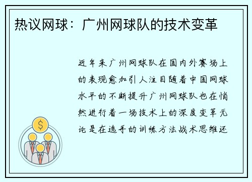 热议网球：广州网球队的技术变革