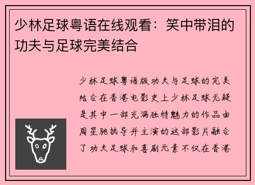 少林足球粤语在线观看：笑中带泪的功夫与足球完美结合