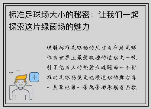 标准足球场大小的秘密：让我们一起探索这片绿茵场的魅力