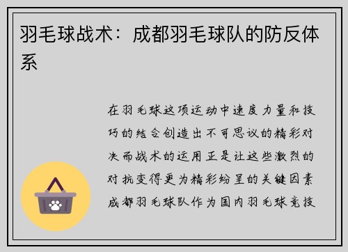 羽毛球战术：成都羽毛球队的防反体系
