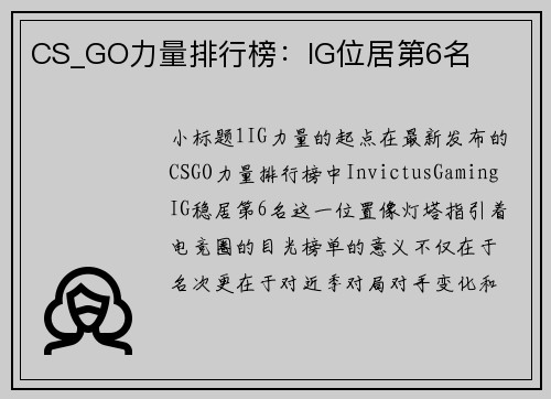 CS_GO力量排行榜：IG位居第6名
