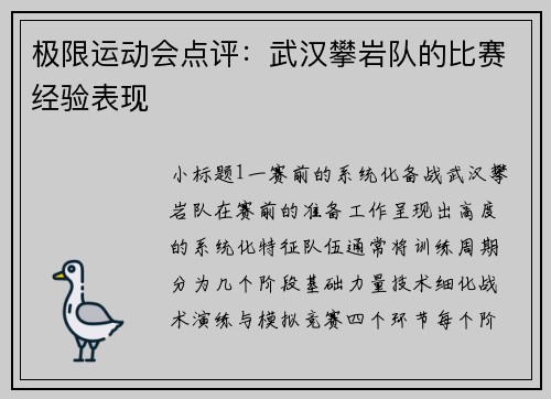 极限运动会点评：武汉攀岩队的比赛经验表现